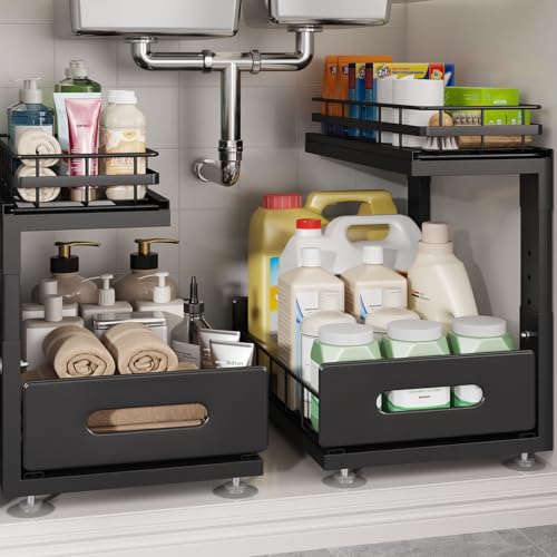 Under Sink Organizer Upgrade To Professional Rails (Black / 2 Pack-14.5"Dx12.8"-16.9"H)