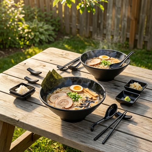 Unbreakable Melamine Ramen Bowl Set (2 piece set) (Black / Set-2)