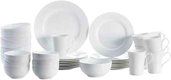 Mikasa Delray 40-Piece Bone China Dinnerware Set, White Round Dishes for 8 - Dinner Plates, Salad Plates, Cereal Bowls, Fruit Bowls and Mugs