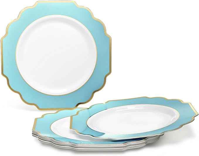 " OCCASIONS " 640 Piece set (80 Guests)-Heavyweight Wedding Party Disposable Plastic Plate Set - 80 x 10.5'' + 80 x 8'' + Silverware+Cups+Napkins (Imperial Aqua & Gold))