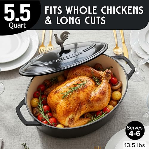 5.5 Quart Enameled Cast Iron Oval Dutch Oven with Rooster Knob & Cotton Potholders