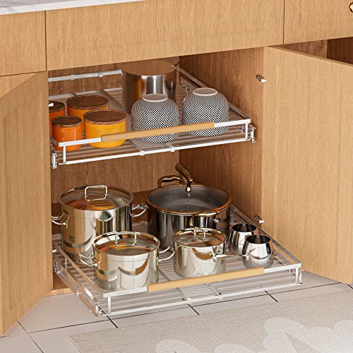 Pull Out Cabinet Organizer with Expandable Sliding Shelves for Cupboard Pantry (L: 17.1~28" W x 22.5" D / Chrome-2pack)
