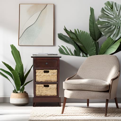 SAFAVIEH Home Collection Carrie Dark Cherry / Natural Wicker 3-Drawer Storage Nightstand Side Table (Fully Assembled)