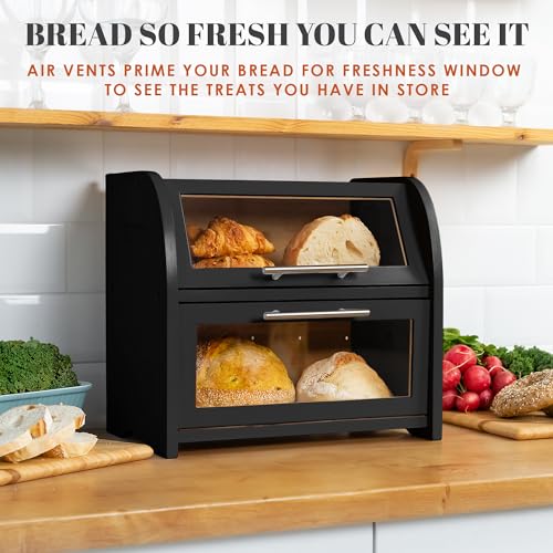 Arise Bamboo Wooden Bread Box for Kitchen Countertop (Black)
