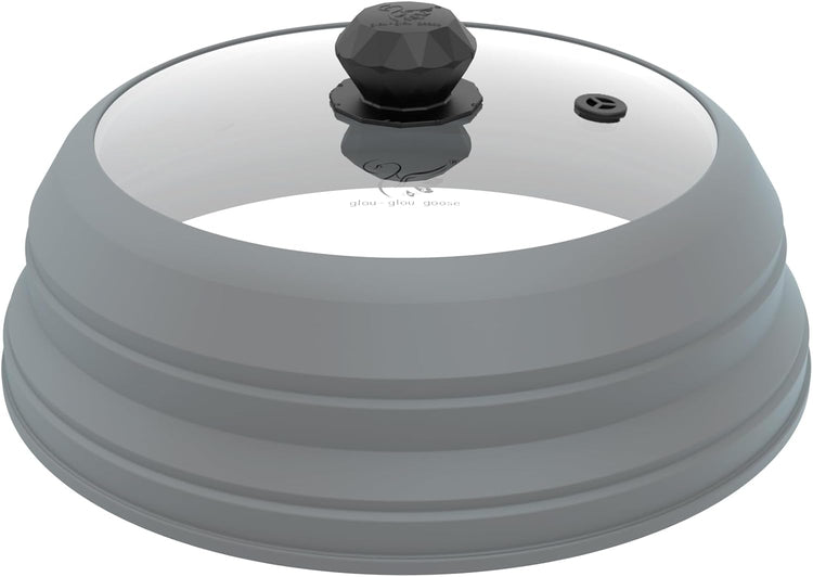 Microwave Splatter Cover Vented Glass Splatter Guard Lid with Collapsible Silicone for Food as Pot Cover Plate 9.8 inch Light Grey