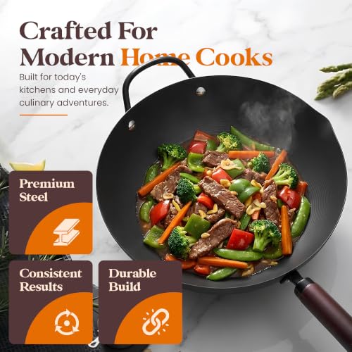 Carbon Steel Wok with Lid Ceramic Nonstick Flat Bottom Wok Pan Induction Compatible Stir Fry Wok Beech Wood Handle Glass Lid Healthy Cooking Wok for Gas Electric Ceramic Halogen Cooktops (11.8" (30cm))