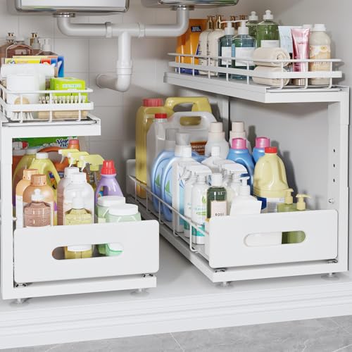Under Sink Organizer Upgrade To Professional Rails (White / 2 Pack-21"Dx12.8"-16.9"H)