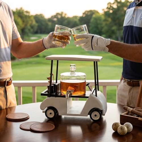 Luxury Golf Cart Whiskey Decanter Set with 2 Golfer Glasses