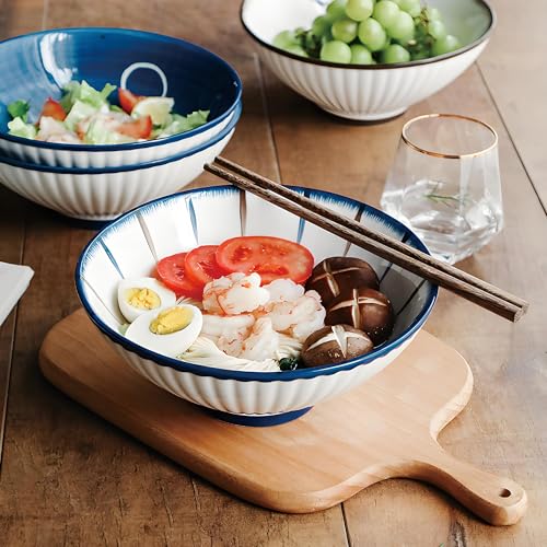 8 Inch 38OZ Ceramic Bowl Set of 4 (Blue and White)