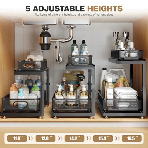 2 Pack Under Sink Storage Organizer with 2 (Black / 2 Pack-15.4"Dx11.8"-16.5"H)