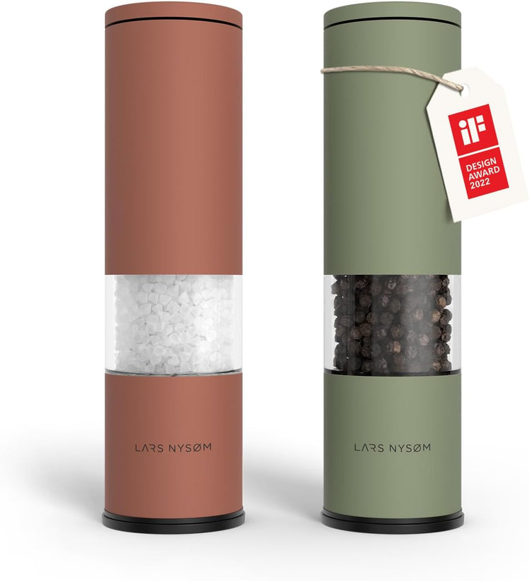 LARS NYSØM Salt and Pepper Grinder Set Manual, Stainless Steel Salt and Pepper Mills with Adjustable Ceramic Grinder I Design Spice Shakers (Red/Green)