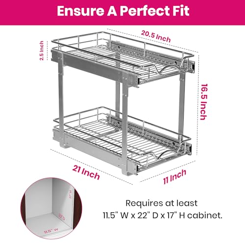 2-Tier Pull-Out Cabinet Organizer for Kitchen, 11" W x 21”D x 16.5" H (11 Inch / Two Tier)