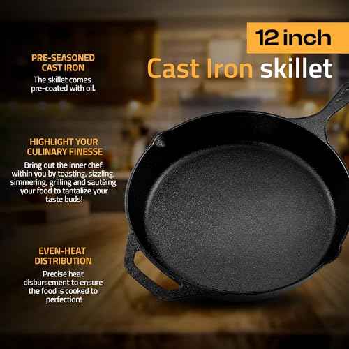 Cast Iron Skillet 12 Inch Pre (Black / 12 Inch (Pack of 1))