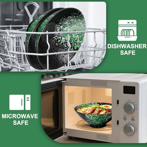8 Inch Ramen Bowl Set 4 Large Japanese Bowls Ceramic Microwavable 16pcs (Green / 8 INCH 4 Set)