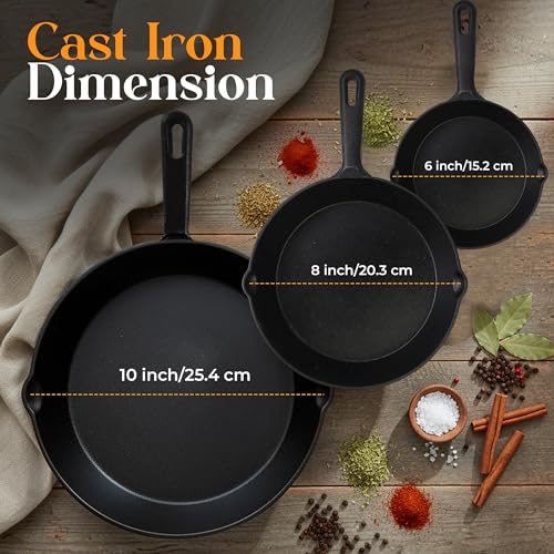 Cast Iron Skillet Set 3 Piece 6 8 10 Inch PFAS (Black)