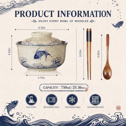 25oz Ramen Bowls Set of 4 Japanese Dinnerware Set with Lid (Fish)