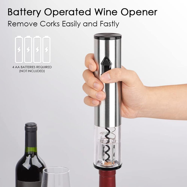5-in-1 Electric Wine Opener Gift Set Stainless Steel Electric Wine Bottle Opener Battery Operated Corkscrew with Foil Cutter, Wine Pour, Wine Stopper and Storage Base, Silver