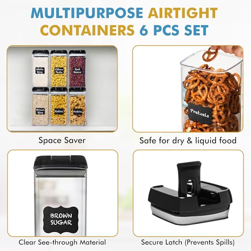6 PC 1.2L Airtight Food Storage Containers with Lids BPA Free Plastic (Black)
