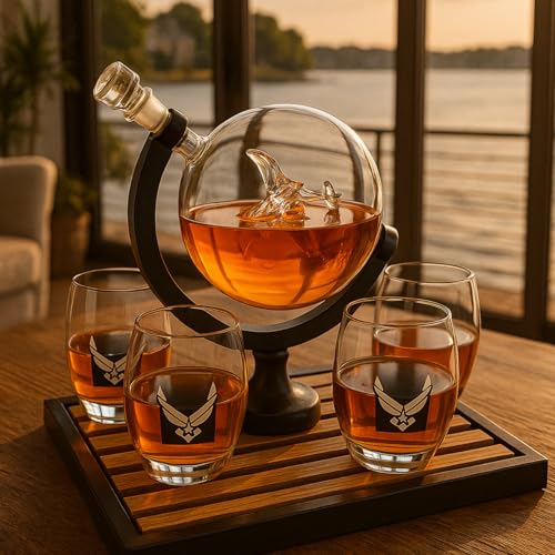 Airforce Whiskey Decanter Set with 4 Liquor Glasses Air Force Whisky Decanter & Glass Set with Wood Base & 9 Whiskey Stones