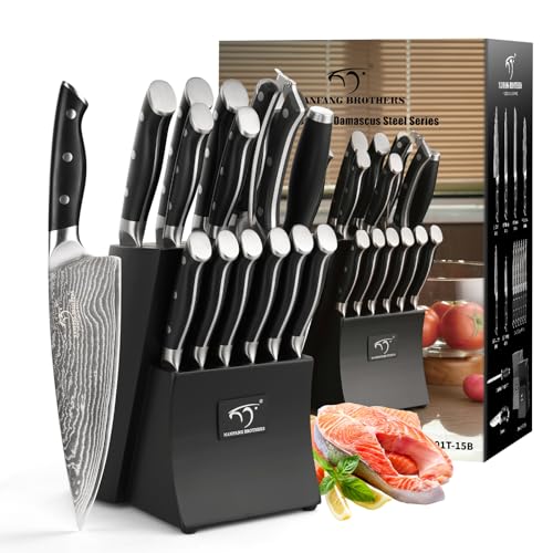 15PCS Damascus Japanese Knife Set with Block