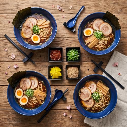 Unbreakable Melamine Ramen Bowl Set (4 piece set) (Blue-Black / Set-4)