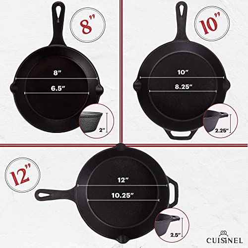 Cast Iron Skillets Set + Glass Lids (8"+10"+12")