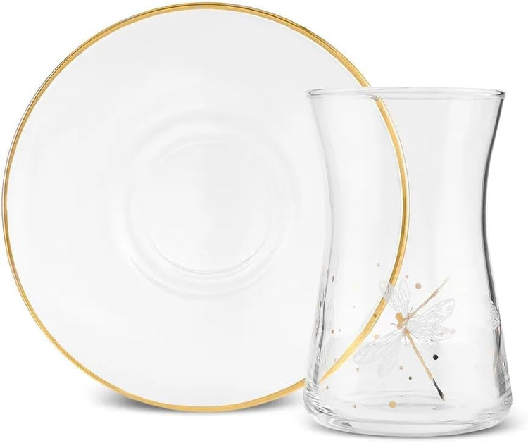 KARACA Yusufcuk Glass Elegant Tea Glass Set of 6 - (12 Piece) Clear Turkish Tea Cup Glasses and Saucers, 5.74 oz Curved Design Drinkware Cups