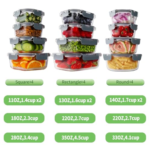 24pc Glass Food Storage Containers with Lids (Grey / 12 Pack)