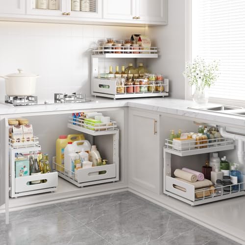 Under Sink Organizer Upgrade To Professional Rails (White / 2 Pack-14.5"Dx12.8"-16.9"H)