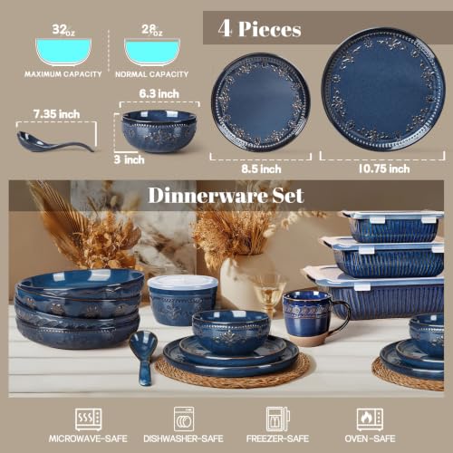 4 Piece Handcrafted Ceramic Dinnerware Set (Damask Floral (4 Pieces) (Blue))