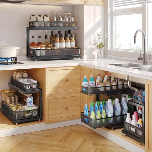 1 Pack 16"D Under Sink Storage Organizer with 2 (Black / 1 Pack-15.4"Dx11.8"-16.7"H)