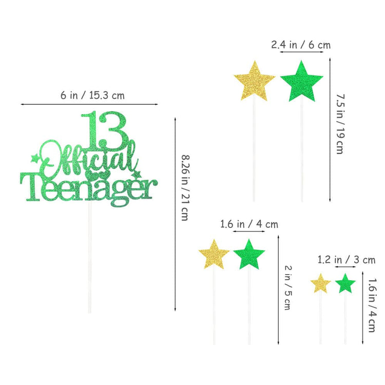 Green Gold 13th Birthday Cake Topper with Glittery Stars (7 Count)