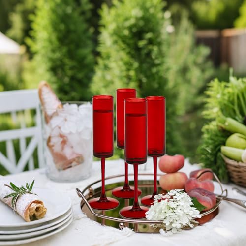 6 Pieces Red Champagne Flutes 6 OZ Straight Sided Wine Glasses Champagne Long Stem Drinking Colored Glasses (6 Count)
