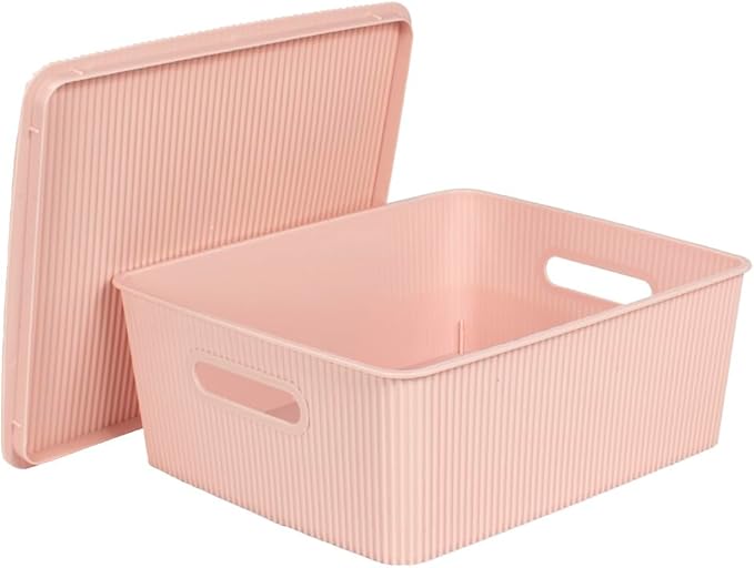 Glad Storage Baskets with Lids - Set of 4 Stackable Plastic Boxes with Handles - Decorative Shelf Organizer Bins for Bathroom and Closet, Pink, 3.1 Gallon