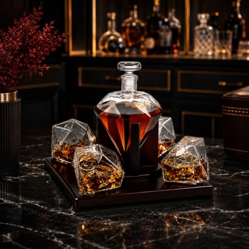 Luxury Diamond Whiskey Decanter Set with 4 Matching Glasses & Mahogany Wood Base