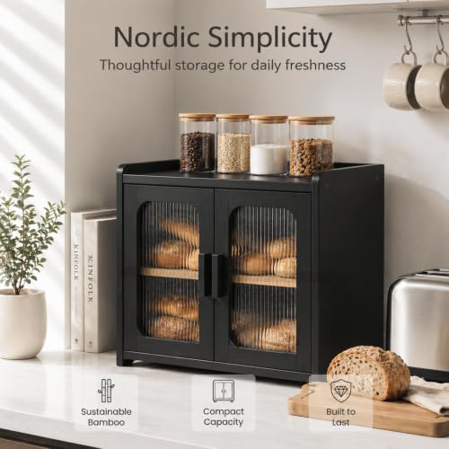 Premium Solid Wood Bread Box for Kitchen Countertop (Black)