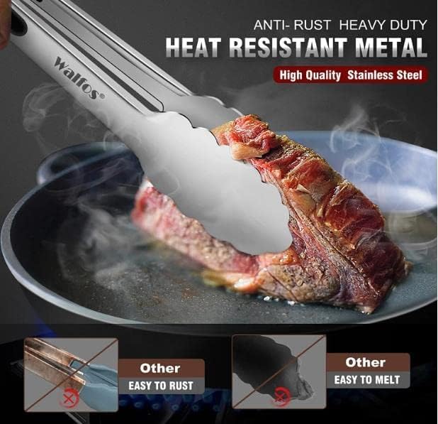 Walfos Stainless Steel Kitchen Tongs for Cooking, BBQ - 7 ,9, 12 and 14 Inch,Set of 4 Heavy Duty Locking Metal Food Tongs Non-Slip Grip
