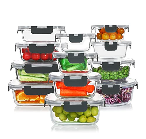 24 Pieces Glass Food Storage Containers Set (Gray / 12 Pack)