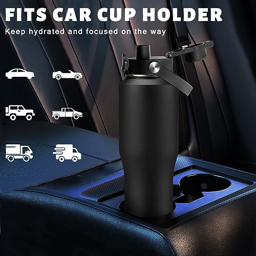 32 oz Insulated Water Bottle Fits Car Cup Holder with Straw Lid & Auto Lid (Onyx Black / 32 Ounces)