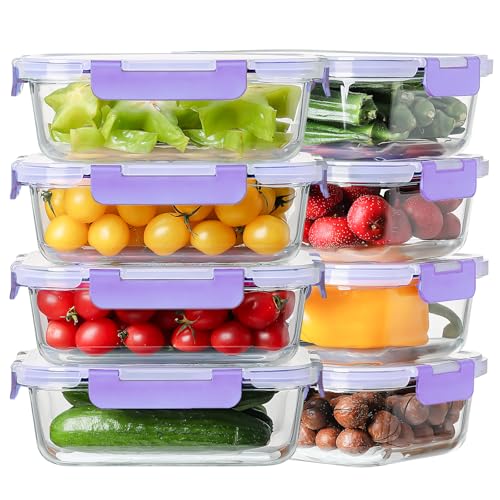 8 Pack 36oz Large Glass Meal Prep Containers with Leak Proof Snap (Purple / 8 Pack 36oz)