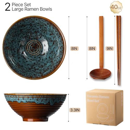 8 Inch Ceramic Ramen Bowl Set of 2 (Verdigris Green)