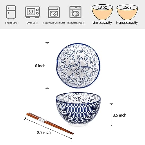 Ceramic Ramen Bowls Set (6 inch, 4pcs / Vintage Blue)