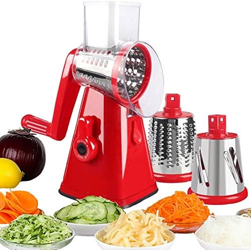 Manual Rotary Potato Grater Kitchen Mandoline Vegetable Slicer,with 3 Interchangeable Blades,Easy to use (Red)