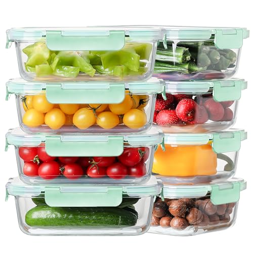 8 Pack 36oz Large Glass Meal Prep Containers with Leak Proof Snap (Light Blue / 8 Pack 36oz)