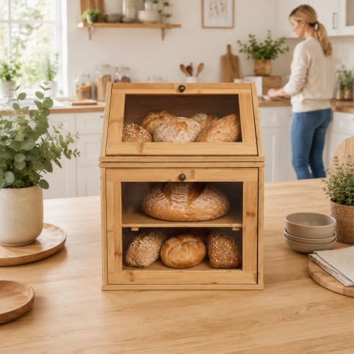 2 Tier Detachable Bamboo Bread Box for Kitchen Countertop