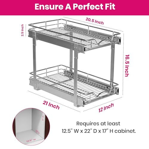 2-Tier Pull-Out Cabinet Organizer for Kitchen, 12" W x 21”D x 16.5" H (12 Inch / Two Tier)