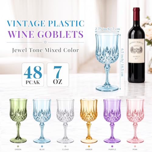 Multicolor 7oz Plastic Vintage Wine Glasses Drinking Goblets Unbreakable Crystal Water Glassware Reusable Diamond Champagne Flutes Cups for Wedding Banquet Birthday Party Supplies (48 Count)
