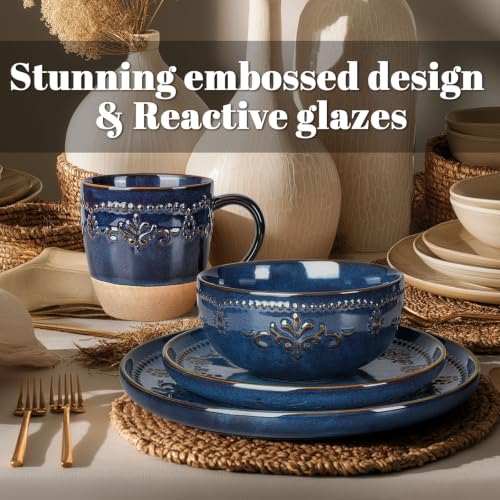 4 Piece Handcrafted Ceramic Dinnerware Set with Mugs (Damask Floral (4 Pieces) (Blue))