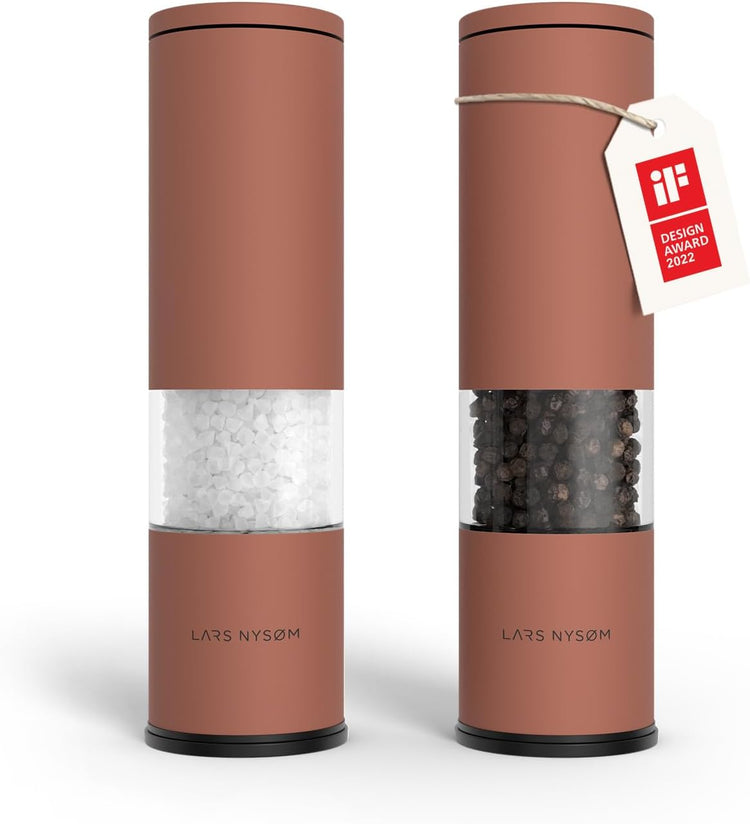 LARS NYSØM Salt and Pepper Grinder Set Manual, Stainless Steel Salt and Pepper Mills with Adjustable Ceramic Grinder I Design Spice Shakers (Brick Red)