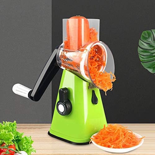 Manual Rotary Potato Grater Kitchen Mandoline Vegetable Slicer,with 3 Interchangeable Blades,Easy to use (Green)